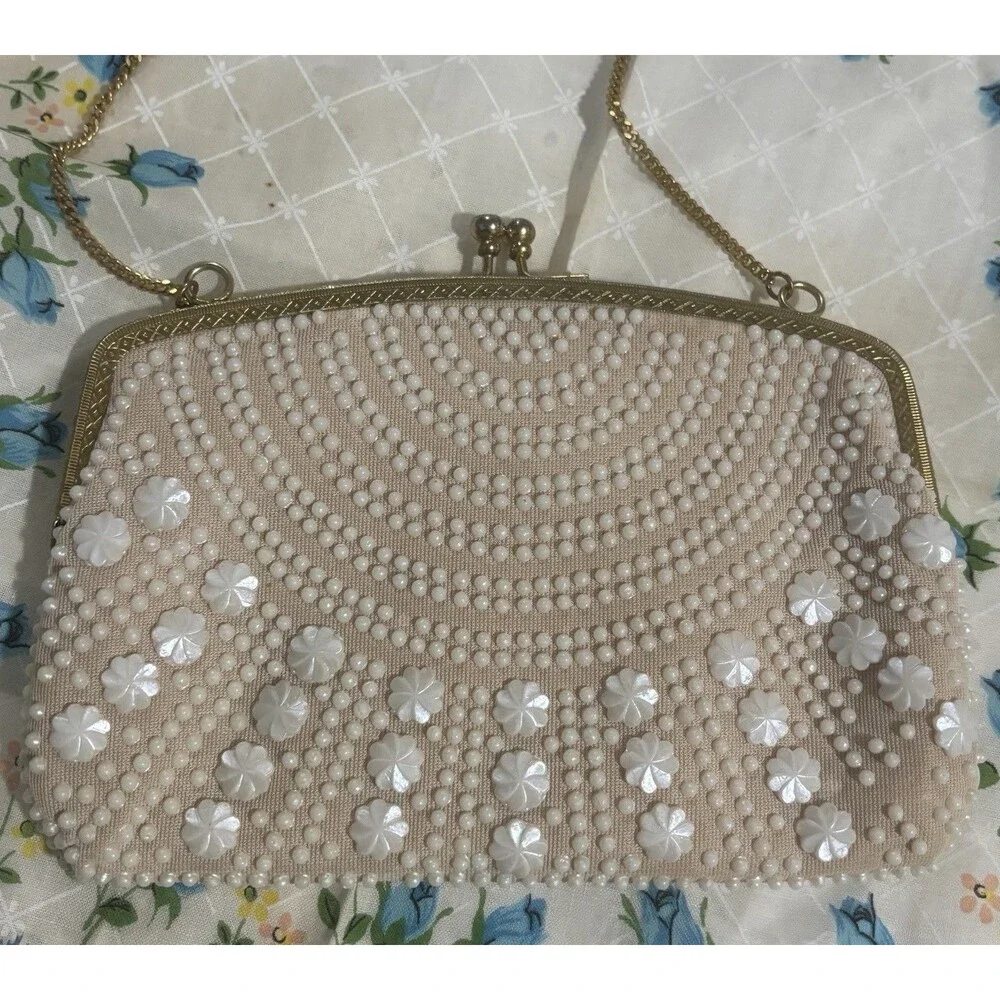 Vintage 1960s Beaded Floral Evening Bag Ivory Metal Frame Chain Strap Hong Kong